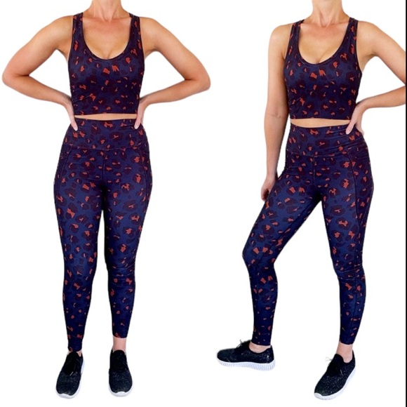 None Pants - SAGE Collective navy blue orange leopard matching crop top leggings set size XS